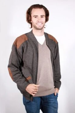 Aklanda 7417 Men's Zip Cardigan With Suede Patches & Pockets